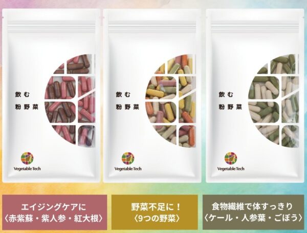 「エイジングケアに」、「野菜不足に」、「食物繊維で体すっきり」、3種類の「飲む粉野菜」