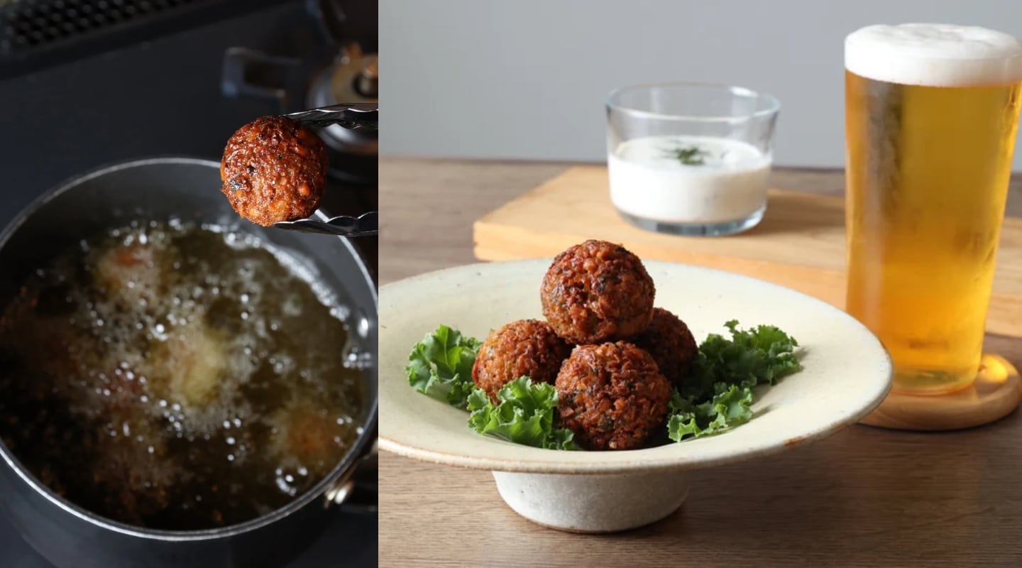 ファラフェルを揚げている様子とビールとファラフェルの写真