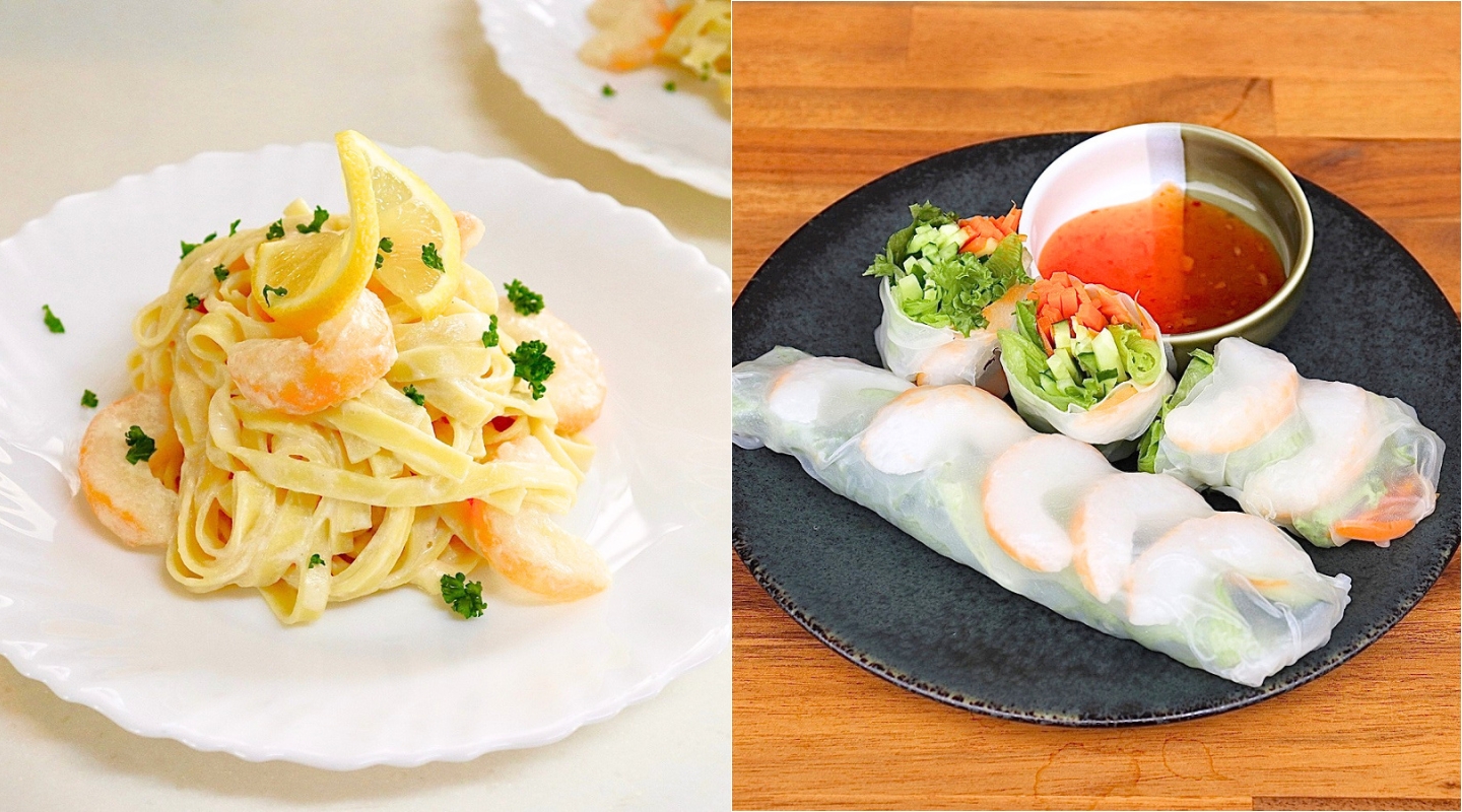 ヴィーガンシュリンプを使用したパスタと生春巻き