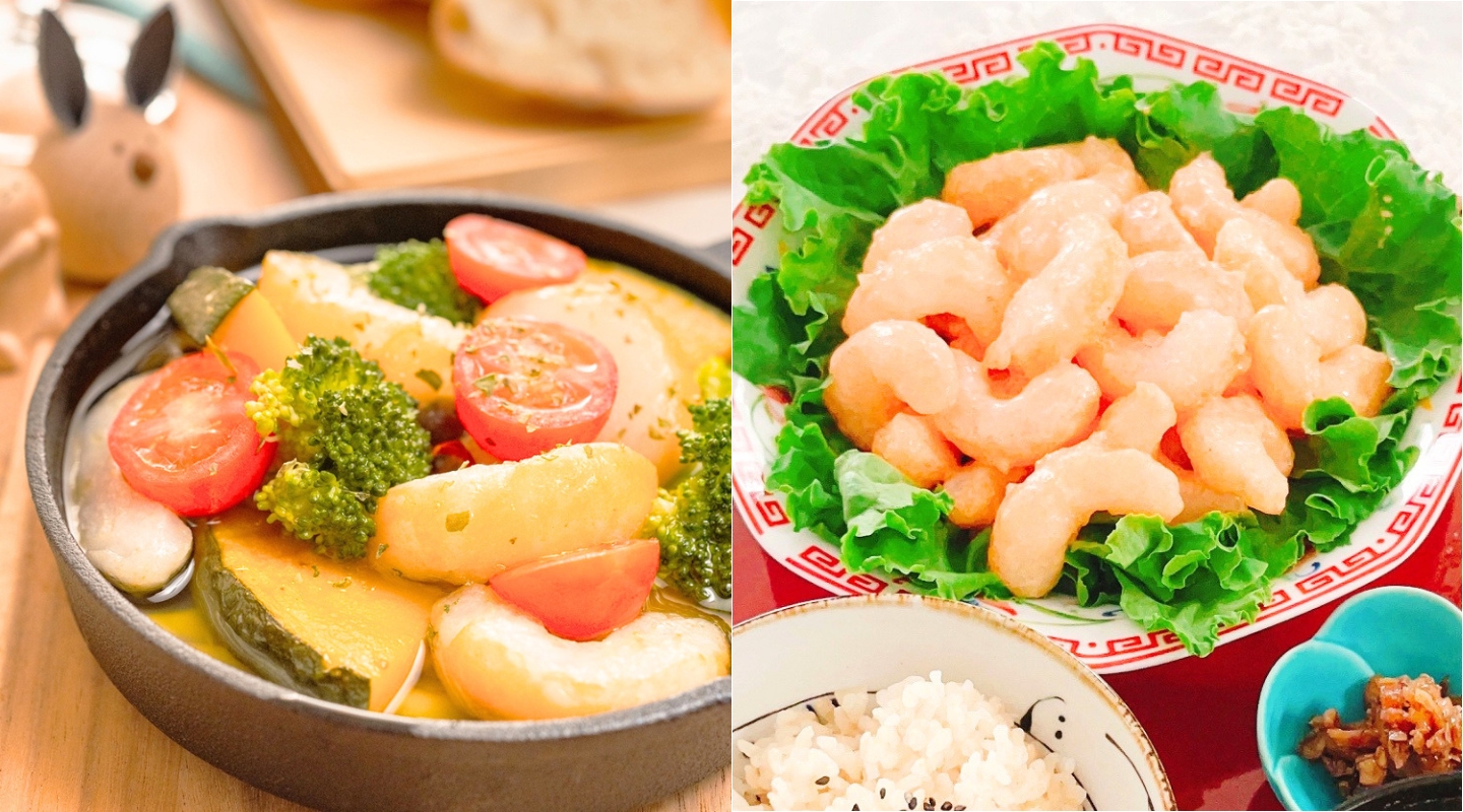 ヴィーガンシュリンプを使用したアヒージョとエビマヨ