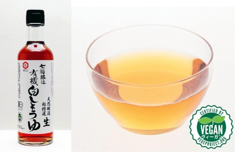 七福醸造「有機白しょうゆ」。ヴィーガン認証付き。