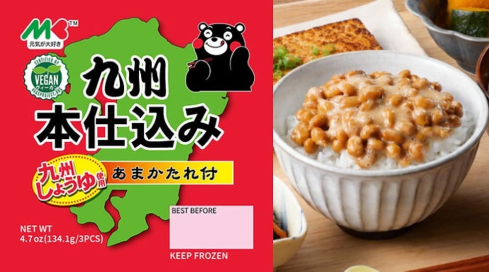 「元気納豆 九州本仕込み」のパッケージと、あまかたれをかけてご飯にのせた納豆丼の写真