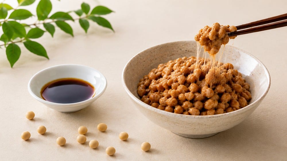 箸で持ち上げた納豆の粘りと、そばに置かれたたれ皿・大豆を撮影した写真